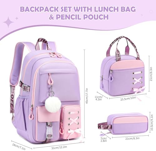 3PCS School Bags for Girls, 3-in-1 Kids Backpack Set with Lunch Pouch & Pencil Case, Water-Resistant Girls Rucksack Book Bag for Primary Secondary School, Purple-Pink - Image 3
