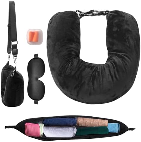 VINEST Stuffable Wearable Travel Neck Pillow Set, Stuffable Travel Pillow with Adjustable Straps, Soft Airplane Pillows Stuffable for Essentials Extra Luggage, Travel Essentials (Black)