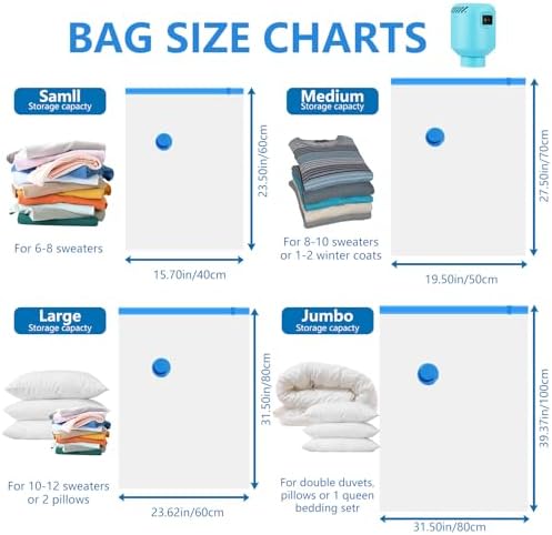 Vacuum Storage Bags 10Pcs with Electric Pump| 2XL+2L+2M+4S Space Saver Bags | Reusable Vacuum Bags for Bedding Pillows, Moving and Travel | PA Material | Clothes Storage Bags - Image 2
