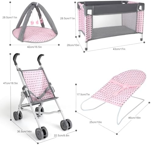 deAO Kids 5 in 1 Baby Doll Pretend Play Set, Baby Doll Accessories Set with Pushchair, Cot, Cradle, Play Mat, Travel Bag for 3+ Years Old Girls (Doll Not Included) - Image 7