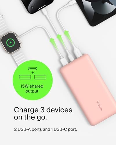 Belkin USB C Portable Charger 20000mAh, 20K Power Bank with USB Type C Input Output Port and 2 USB A Ports with Included USB C to A Cable for iPhone, Galaxy, Pixel, iPad, AirPods and More – Rose Gold | 20K Portable Charger, Charge Up to 3 Devices (1 x USB-C, 2 x USB-A Ports), 15W, LED Indicator, Made with Recycled Plastic - Image 2