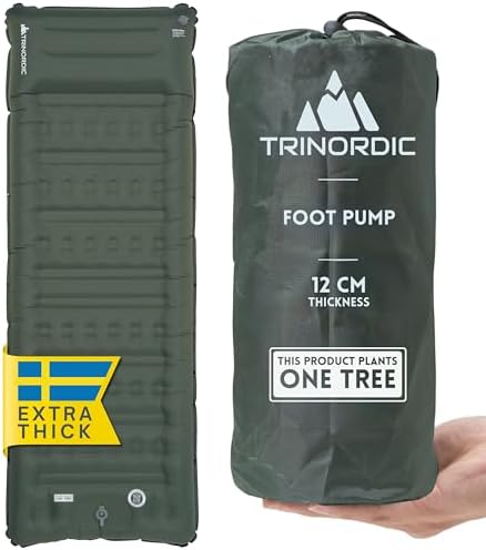 Trinordic Thick Inflatable Camping Mat – 12cm Extra Thick & Wide w. Foot Pump & Pillow - Lightweight Camping Bed for Outdoor Hiking & Bikepacking