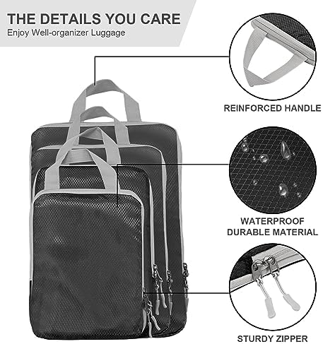 Compression Packing Cubes,4 Set Ultralight Packing Cubes for Carry on Suitcase, Travel Packing Essentials for Suitcase Organizer Bags Set, Durable Travel cubes for Luggage (Set of 4, Black) - Image 2