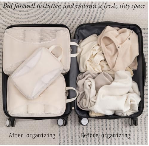 Travel Compression Packing Cube Set – Compression Organisers with Shoe Bag, Toiletry Pouch & Laundry Bag, Lightweight Luggage Storage for Business Trips or Weekend Getaways (Beige, 9 Set) - Image 4