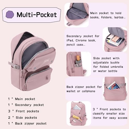 Solid Color School-Bags Backpacks for Teens Girls, Multi-pocket Elementary Girls Bookbags,Lightweight Casual Daypack - Image 4