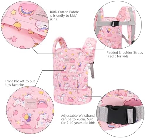 Bebamour Baby Doll Carrier for Kids, Adjustable Doll Carrier Backpack for Dolls up to 20 Inches, Soft Pretend Play Doll Accessories for Front & Back Carry, Fits Dolls & Stuffed Toys, Pink Unicorn - Image 2