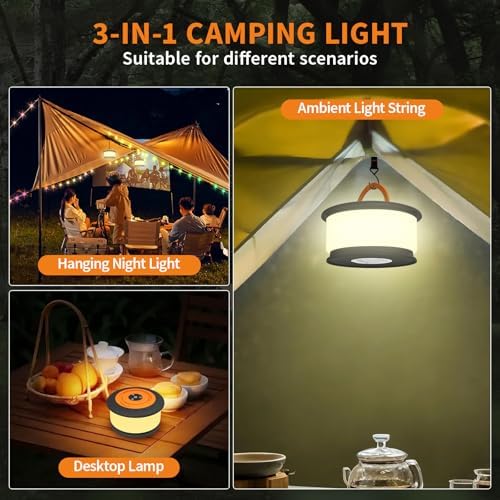 TOHETO Camping String Lights, 3 in 1 Upgraded Retractable RGB Outdoor String Lights with 19 Lighting Modes,Quick 30s Recovery, 32.8 FT Portable Tent Lights, Rechargeable Camping Lantern (Black&Orange) - Image 8