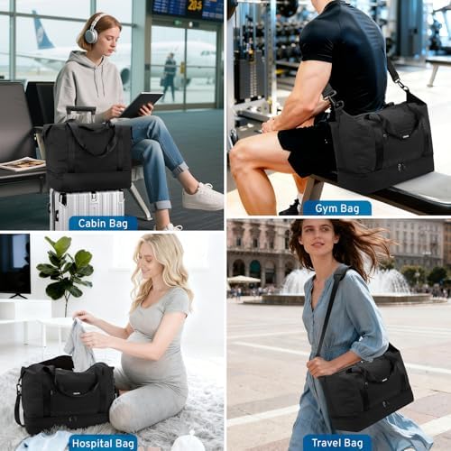 VSNOON for New Ryanair Cabin Bags 40x30x20, 24L Foldable Travel Carry on Bag with Shoes Compartment, Water-Resistant Hand Luggage Holdall Gym Bag for Weekender Overnight Flight Hospital Sports, Black - Image 6