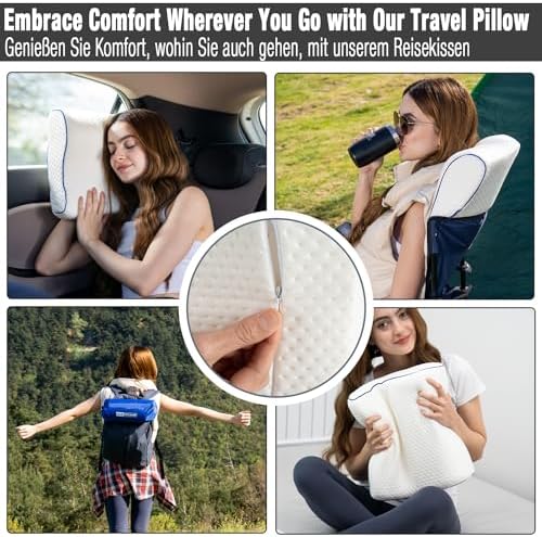 Travel & Camping Comfortable Memory Foam Pillow – Easy to Carry Portable Bag – Temperature Regulating Pillow Case - Perfect for Travelling (White Contour) - Image 2