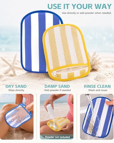 2 Pcs Sand Remover for Beach - Classic Yellow Blue Stripe Large Quick Sand Wipe Off Mitts Reusable Powder Pouch Sand Remover for Beach Kids Summer Vacation Essentials for Women Family - Image 3