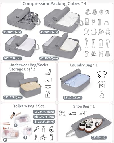 Compression Packing Cubes 11 Set, Suitcase Organizers, Luggage Organizer Bags for Travel, Expandable Packing Cubes for Travel Compression, Travel Essentials Gray - Image 2