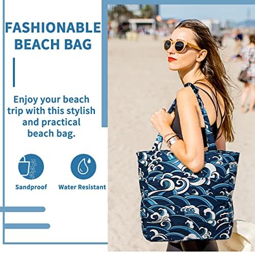 Foldable Beach Bags for Women with Zip, 22.7L Water Resistant Medium Summer Holiday Tote Bag Lightweight Sandproof for Swimming Pool Cruise Sea Wave - Image 6