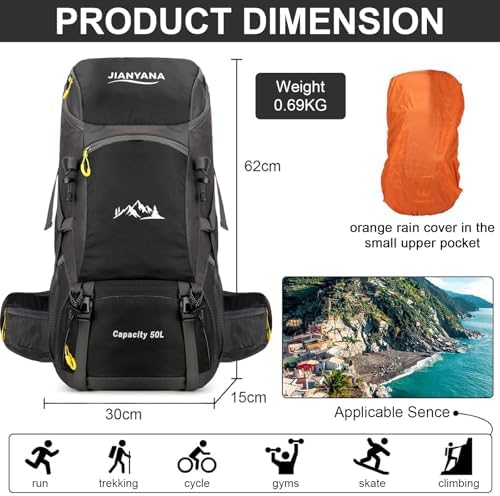 jianyana Hiking Backpack Waterproof 50L Foldable Rucksack Durable Lightweight Camping Bag with Rain Cover for Camping Trekking Hiking Walking Cycling Climbing Outdoor Sports for Women Men - Image 2