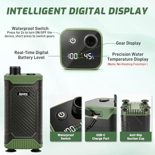 Portable Camping Shower, 8000mAh Rechargeable Camping Shower Pump with Intelligent LED Display, IPX8 Waterproof Outdoor Shower Kit for Hiking, Travel, Car, Pet, Campervan, Army Green - Image 3
