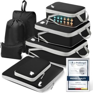 Samfolk Compression Packing Cubes for Suitcases Packing Cubes Compression Set Waterproof Suitcase Organiser Bags for Travel Suitcase Luggage Packing Organizer Bags Travel Essentials Black 8 Set
