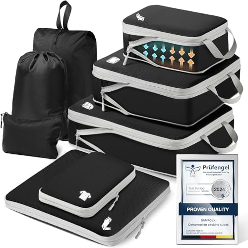 Samfolk Compression Packing Cubes for Suitcases Packing Cubes Compression Set Waterproof Suitcase Organiser Bags for Travel Suitcase Luggage Packing Organizer Bags Travel Essentials Black 8 Set