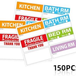 150PCS Home Moving Labels, 90x42mm 5 Color Coding Labels Packing Box Stickers with 25 Fragile and Blank Customizable Writable for House Wardrobe Furniture Apartment Moving House Essentials
