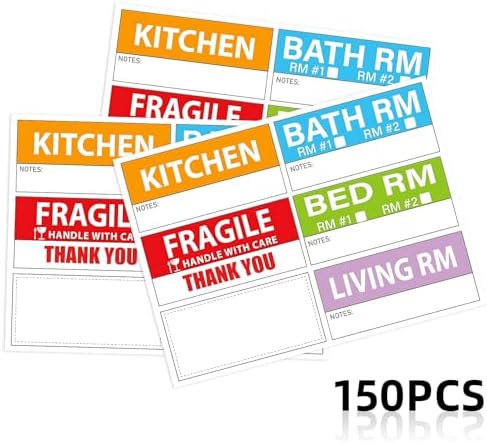 150PCS Home Moving Labels, 90x42mm 5 Color Coding Labels Packing Box Stickers with 25 Fragile and Blank Customizable Writable for House Wardrobe Furniture Apartment Moving House Essentials
