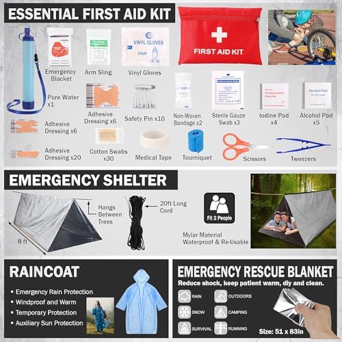 Survival Kit, Survival Gear and Equipment 258 PCS with Water Filter, Emergency Tent, LED Lantern, First Aid Kit Supplies, 25L Backpack for Family, Outdoor Camping, Hiking Gifts for Men Christmas - Image 7
