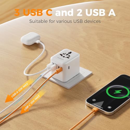 TESSAN Universal Travel Adapter 28W, Worldwide Plug Adaptor with 2 USB A and 3 USB C Ports, International Travel Adapter for EU, UK, USA, AU, Power Socket Charger for Multi Countries, Grey White - Image 4