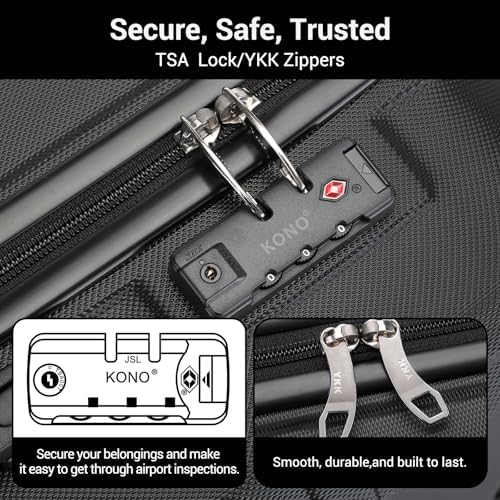 Kono Small Suitcase with Silent Spinner Wheels, Lightweight Hard Shell Cabin Luggage, ABS+PC Carry On Travel Case with YKK Zips &TSA Lock, 55x40x20cm Airline Approved for Ryanair & easyJet (Black) - Image 4