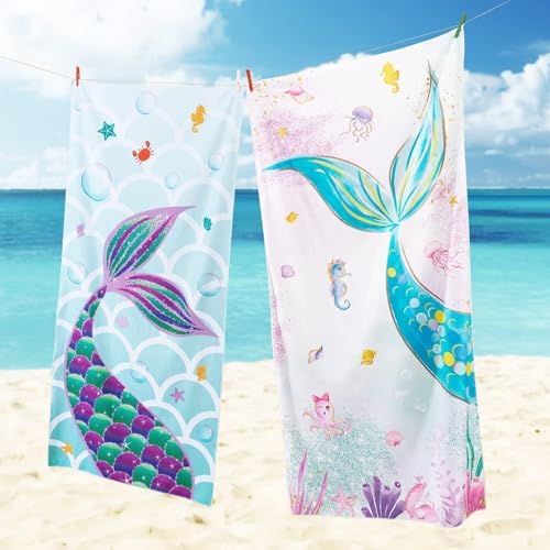 WERNNSAI Beach Towel for Kids, 76 x 150cm Mermaid Microfibre Quick Dry Sand Free Pool Towel for Girls Super Absorbent Bath Pool Camping Holiday Essentials Travel Towels for Summer - Image 9