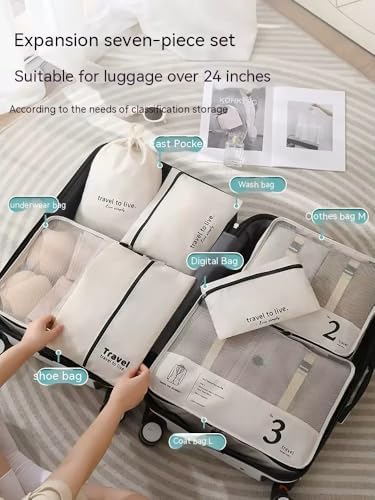 7 Piece Packing Cubes Set for Suitcases | Luxury Travel Organiser Bags | Compression Luggage Cubes with Shoe Bag & Pouches | Beige | Brand New - Image 5
