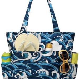 Foldable Beach Bags for Women with Zip, 22.7L Water Resistant Medium Summer Holiday Tote Bag Lightweight Sandproof for Swimming Pool Cruise Sea Wave