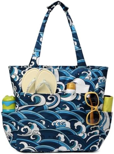 Foldable Beach Bags for Women with Zip, 22.7L Water Resistant Medium Summer Holiday Tote Bag Lightweight Sandproof for Swimming Pool Cruise Sea Wave