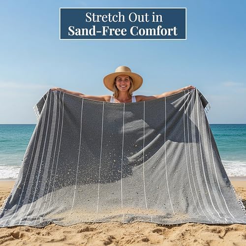 LANE LINEN Big Beach Blanket XL – Turkish Cotton Oversized Quick Dry Towel – XXL Sand Free 208x208 cm Towel for Camping, Travel, Beach, and Picnic Essentials - Smokey Black - Image 3