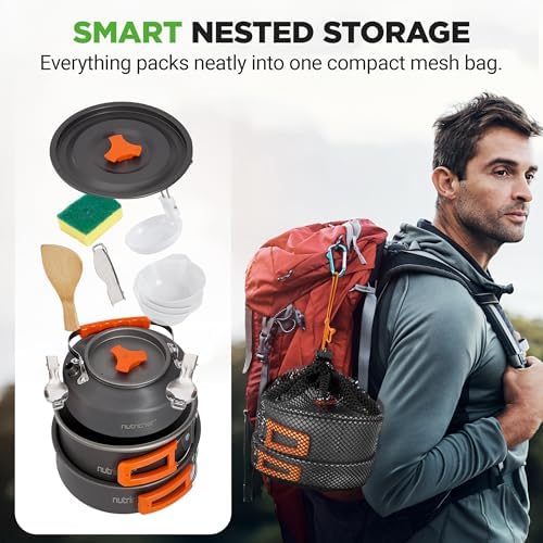 NutriChef Camping Cookware Set - Lightweight Nonstick Pots, Pans, Utensils, Bowls, Cutlery, and Cleaning Tools with Mesh Bag, Foldable Handles, Compact Outdoor Cooking Gear for Hiking & Travel (Grey) - Image 8