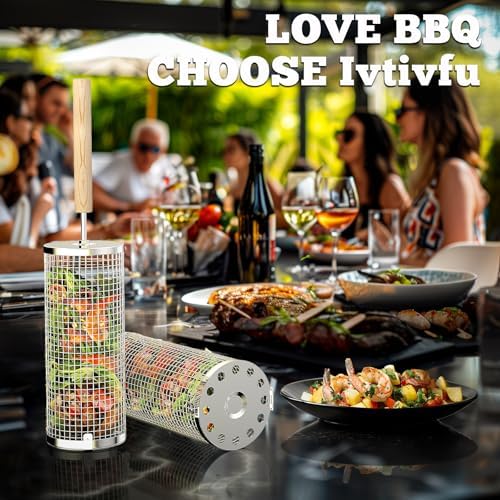 ivtivfu BBQ Rolling Grill Basket Set, Removable Wooden Handle,304 stainless steel,Nesting Grilling Net,BBQ Accessories Tools for Vegetables Shrimp,Outdoor Cooking Camping,Birthday Gifts for men Dad - Image 6