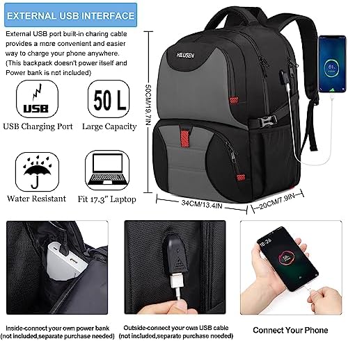 Extra Large 50L Travel Laptop Backpack for Men,Lunch Backpack 17 Inch Anti-Theft Business Work Bag with USB Charging Port,Water Resistant Big Computer Rucksack for Men Women College School Gift Grey - Image 5