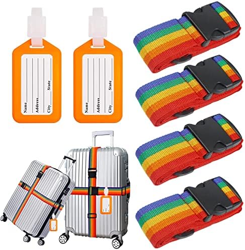 4 Pcs Luggage Straps, Adjustable Personalised Suitcase Straps with 2 Pcs Luggage Tags