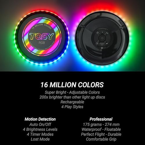 TOSY Flying Disc - 16 Million Colors RGB LEDs, Extremely Bright, Smart Modes, Camping Essentials for Teens/Kids/Adults/Men/Boys/Girls, Auto Light Up, Rechargeable, Waterproof, 175g - Image 4