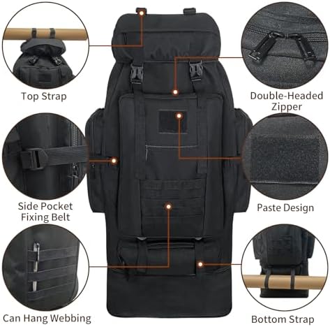 Hiking Backpack,100L Large Camping Backpack, Expandable Waterproof MOLLE Rucksack, Outdoor Sport Travel Daypack Military Tactical Backpack for Men Women (Black) - Image 3