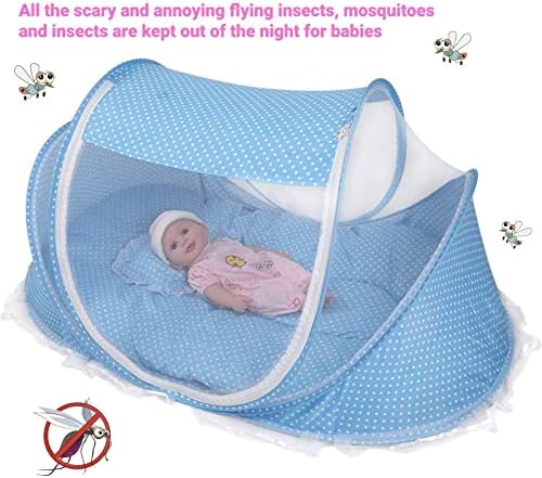 Baby Travel Bed Crib, Foldable Baby Infant Cradle Anti-Bug Tent with Protective Mosquito Net, Portable with Mattress Pillow for 0-18 Month Baby Infant Outdoors and Indoors(Blue/Pink)(Blue) - Image 2