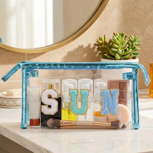 Sibba Clear Sunscreen Makeup Bag, Waterproof Beach Vacation Essentials, Preppy Summer Pool Accessories For Women And Teen Girls, Blue SUN Letter Print Cosmetic Pouch - Image 5