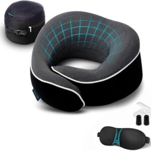 Proglobe Travel Pillow, Memory Foam Neck Pillow Set, Orthopedic Pillow, Travel Essentials for Flying, Kit with 3D Contoured Sleep Mask and Luxury Mesh Bag (Black)