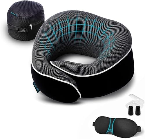 Proglobe Travel Pillow, Memory Foam Neck Pillow Set, Orthopedic Pillow, Travel Essentials for Flying, Kit with 3D Contoured Sleep Mask and Luxury Mesh Bag (Black)