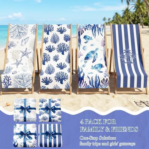 Microfiber Beach Towels 4 Pack Set Oversized 32x71 Inch Blue Ocean Turtle Sand Free Quick Dry Travel Pool Accessories Vacation Essentials Blanket Swim Towels for Family Adults Women Men Gifts - Image 2