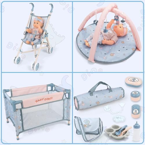 deAO 6 in 1 Baby Doll Accessories Set, Baby doll Pretend Role Playset with Dolls Cot, Dolls Pushchair,Play Mat, Swing Crib, Travel Bag for 3+ Years Old Kids Girls (Doll Included) | Pretend Play Set with Doll Stroller, Cot, Play Mat, Bouncer, Travel bag & Baby Doll, Imaginative Role Play Toys for kids - Image 2
