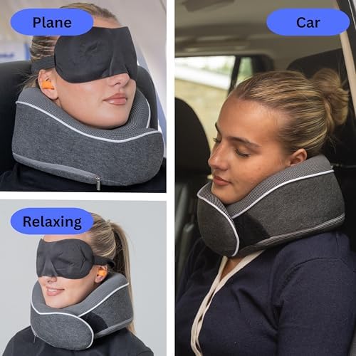 Relaxd Travel Pillow for Adults | Adjustable Memory Foam Neck Pillow for Travel | 360 Degree Neck Support | Removable Pillow Case | Includes Eye Mask, Earplugs, Travel Bag | Dark Grey | UK Brand - Image 7