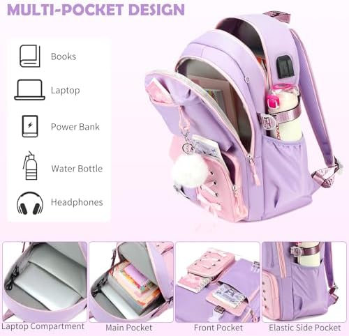 3PCS School Bags for Girls, 3-in-1 Kids Backpack Set with Lunch Pouch & Pencil Case, Water-Resistant Girls Rucksack Book Bag for Primary Secondary School, Purple-Pink - Image 4