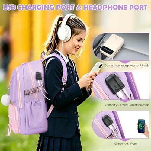 3PCS School Bags for Girls, 3-in-1 Kids Backpack Set with Lunch Pouch & Pencil Case, Water-Resistant Girls Rucksack Book Bag for Primary Secondary School, Purple-Pink - Image 6