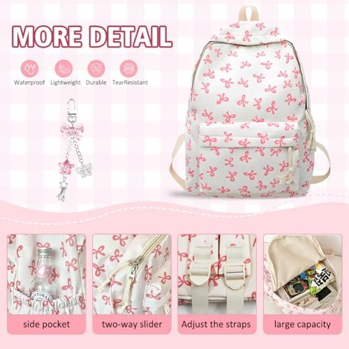 Pink Bow School Backpack for Girls | Kawaii Preppy Aesthetic Rucksack with Adjustable Straps & Keychain | 15L Cute Durable Bookbag for Teenagers, Secondary & Primary School Students - Image 3