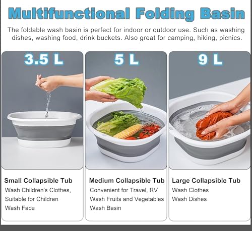 9L Collapsible Washing Up Bowl, Portable Wash Basin Silicone Plastic Basket Multipurpose Outdoor Travel Basin Camping Sink, Space Saving Folding Washtub (Gray) - Image 5