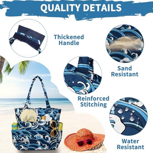 Foldable Beach Bags for Women with Zip, 22.7L Water Resistant Medium Summer Holiday Tote Bag Lightweight Sandproof for Swimming Pool Cruise Sea Wave - Image 5
