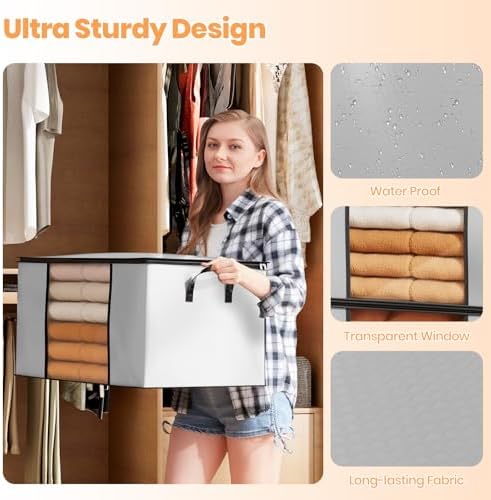 Oak & Tea Storage Bags 90L 6-Pack, Moving Bags & Wardrobe Organiser with Lid & Zips, PE Coated Woven Fabric - Waterproof Storage Box with Clear Window for Clothes, Blankets, Bedding 60x43x35cm - Image 2