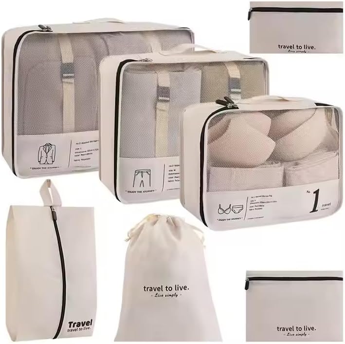 7 Piece Packing Cubes Set for Suitcases | Luxury Travel Organiser Bags | Compression Luggage Cubes with Shoe Bag & Pouches | Beige | Brand New